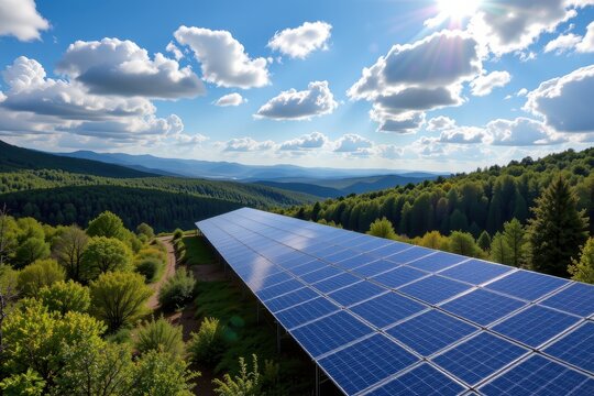 a creative visual of solar panels purifying skies above cities and forests showing renewable energy protecting ecosystems and supporting global environmental safety