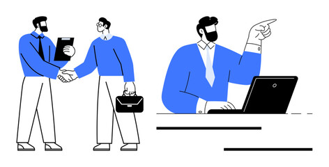 Two professionals shaking hands in agreement while one works on a laptop and points purposefully. Ideal for communication, teamwork, leadership, management, career growth, planning, business