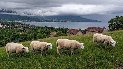 Fototapeta premium A scenic view featuring four sheep grazing on lush green grass, set against a backdrop of a serene lake and distant mountains under a dramatic cloudy sky, Ideal for nature and agriculture themes,