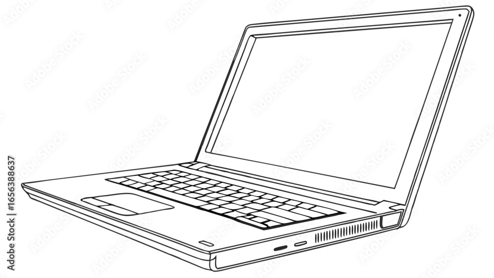 Poster line art illustration of an open laptop computer with keyboard and screen.