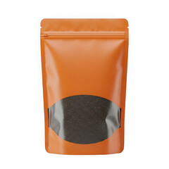 Orange standup pouch packaging with a transparent oval window filled with dark granular product, isolated on a transparent background
