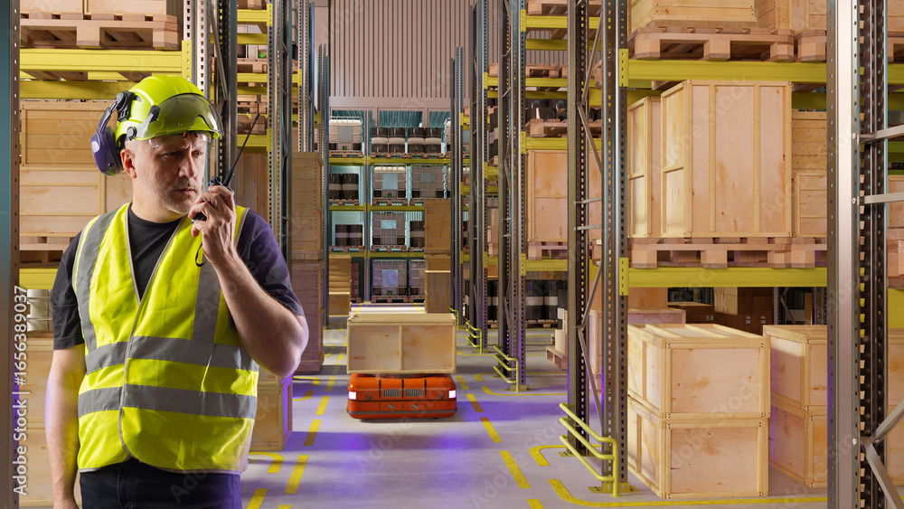 Poster man in robotic warehouse. automated logistics center. man controls work of robot. technological logi
