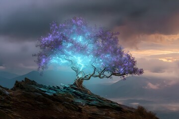 Majestic tree glowing blue, standing on rocky terrain, sunset in the background.