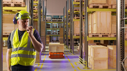 Man in robotic warehouse. Automated logistics center. Man controls work of robot. Technological logistics complex. Storage area for goods inside industrial building. Robotic fulfillment warehouse