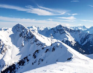 Naklejka premium Snowy mountain peaks under a blue sky