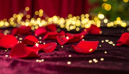 Scattered Red Rose Petals on Velvet Background