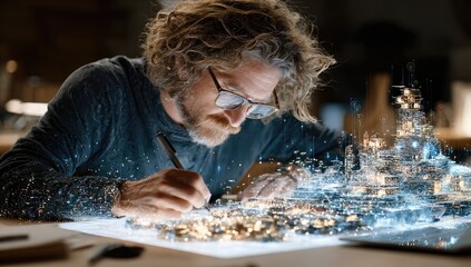 Focused designer sketching futuristic city on illuminated work surface, with digital cityscape overlay