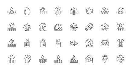 Collection of modern line icons representing water, waves, drops, and aquatic life.