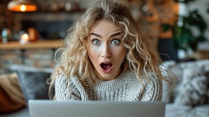 Surprised woman reacts to unexpected news while using her laptop in a cozy living room during the daytime