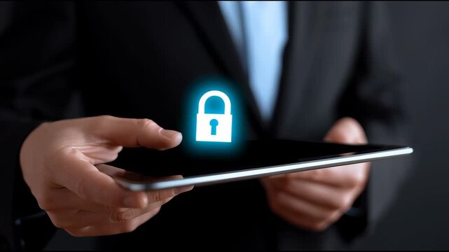 Professional demonstrating digital security measures on a tablet in a darkened office space
