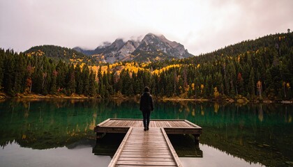 Person observing the mountain and lake from a wooden pier in the wilderness