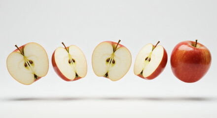 A large number of delicious red apples floating in a row at equal intervals on a white background