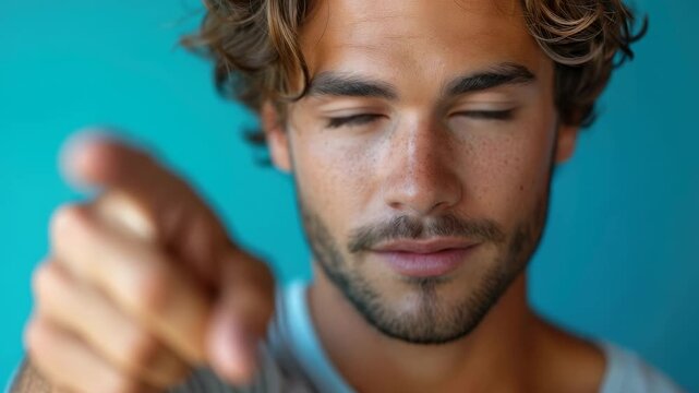 Young man with striking blue eyes gestures confidently against a vibrant blue background while showcasing charisma and charm during a sunny day