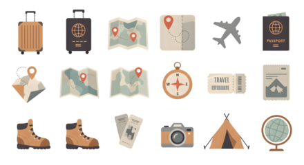 Travel Icons Set with Passport and Map Symbols -  Travel Icons Set with Camera and Navigation Tools - Travel Icons Set with Adventure and Exploration Symbols