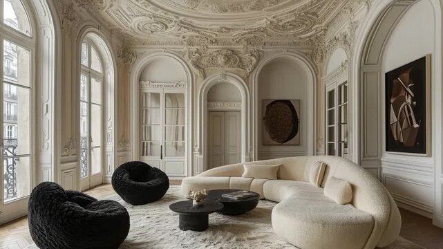 Luxury interior design showcases elegant furniture and exquisite architecture in a Parisian living room