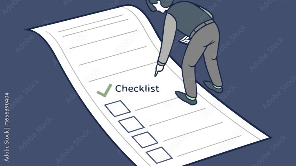 Aufkleber man reviewing a large checklist task management concept.