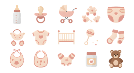 Baby Icons Set with Pacifiers and Bottles - Infant Icons Set with Baby Gear and Essentials