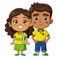 Adorable Brazilian Cartoon Siblings in Soccer Jerseys