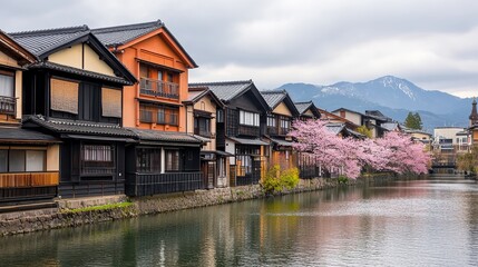 A picturesque canal lined with traditional wooden houses and blooming cherry blossom trees under a cloudy sky, This serene scene is perfect for travel blogs, cultural articles