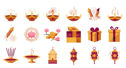 Diwali Icons Set with Diyas and Lotus Flowers - Diwali Icons Set with Fireworks and Festive Items