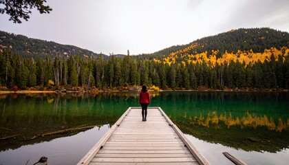A Person Standing on a Wooden Pier Observing a Serene Lake Surrounded by Lush Mountains