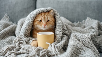 Cute ginger cat under blanket cozy autumn winter scene hot drink cup tea coffee warm home comfort pet