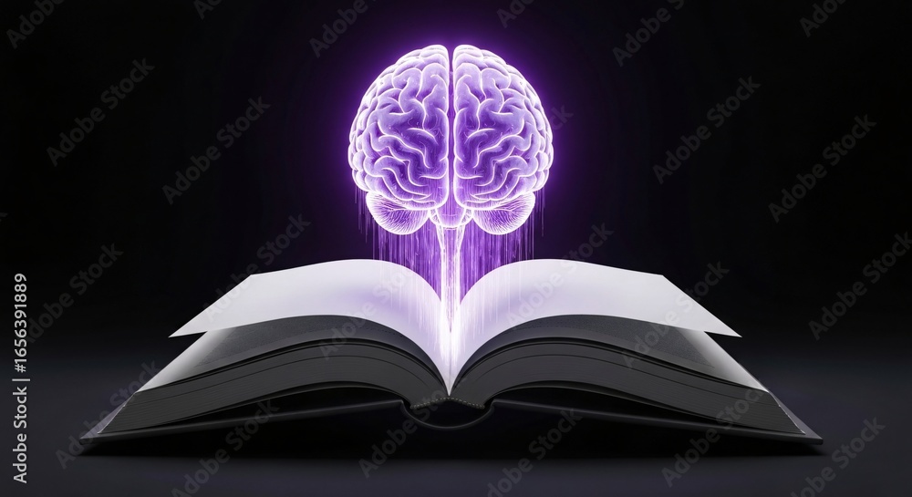 Poster a digital brain emerges from an open book, symbolizing knowledge and imagination.