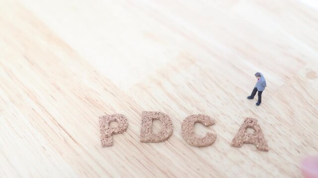 PDCAを考えるビジネスマンのミニチュアと木製文字