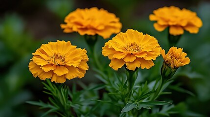Fototapeta premium Vibrant yellow marigold flowers bloom amidst lush green foliage, perfect for enhancing garden designs, seasonal decorations, or nature-themed projects