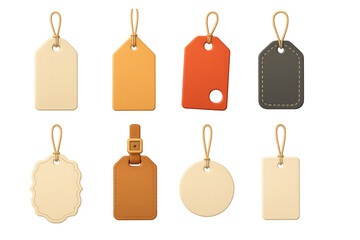 Collection of various hanging tags in warm tones with textured finish