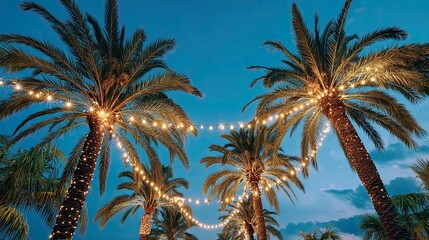 Obraz premium Palm lights tropical night sky summer tree glow holiday island travel evening exotic beach paradise