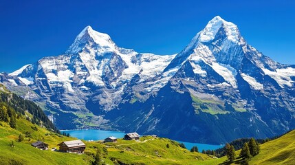 Fototapeta premium Breathtaking mountain landscape showcasing towering peaks, green meadows, and a serene lake, Ideal for travel, adventure, and nature-related projects, perfect for brochures and promotional materials,