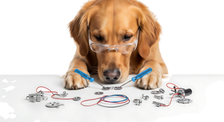 Golden retriever repairing electronics isolated on transparent background