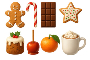 Festive holiday treats: gingerbread, candy cane, chocolate, and spiced delights