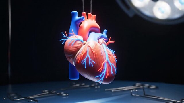 Realistic 3D Human Heart Animation with Red Arteries and Blue Veins Suspended Over Surgical Instruments on a Blue Table Under Surgical Lights for Medical Visualization and Anatomical Study
