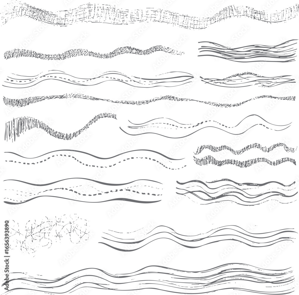 Poster hand drawn wavy line pattern set. abstract sketchy doodle wave elements. seamless decorative line te