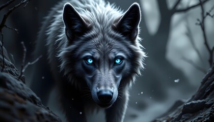 Obraz premium a spectral wolf with glowing blue eyes emerging from shadows.