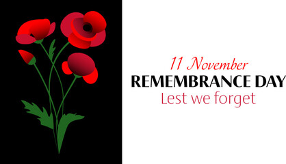 Vector illustration of remembrance day horizontal banner with red poppies bouquet on white and black background