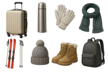 Winter travel essentials with warm clothing and accessories for adventure