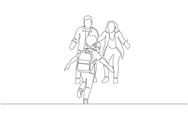 Continuous one line drawing of child running to parents after school, symbolizing school pick up and family bonding, single line art.