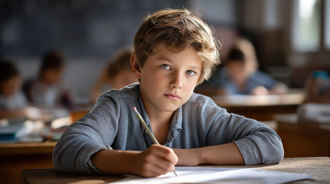 A focused boy writing during a test in a serene classroom