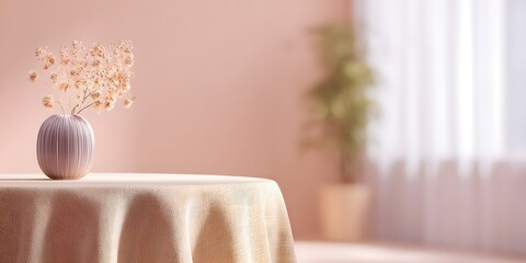 Minimalist cozy home interior with soft pink walls, flowers, blurred background, and wooden table covered with fabric tablecloth in natural light