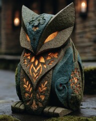 Fox guardian totem carved in mossy stone, soft teal glow under moonlight