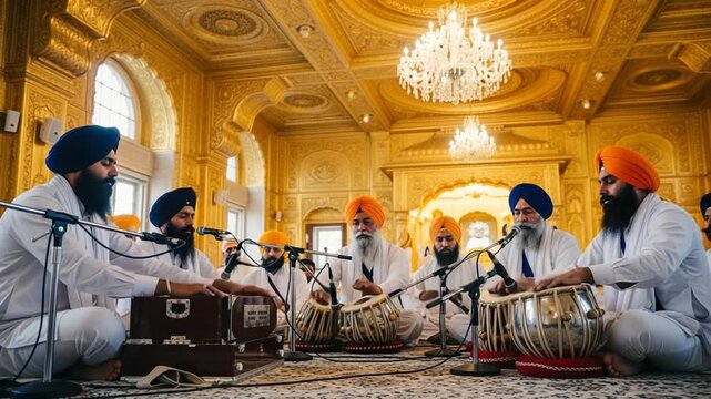 Sikh Musicians Playing Tabla During Prayer Ceremony in Golden Ornate Temple Interior Wearing Traditional Turbans and White Clothing Sitting on Floor