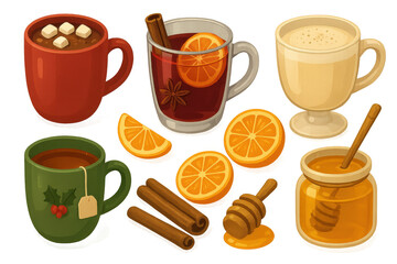 Cozy winter drinks with mugs, honey, and citrus slices in warm colors