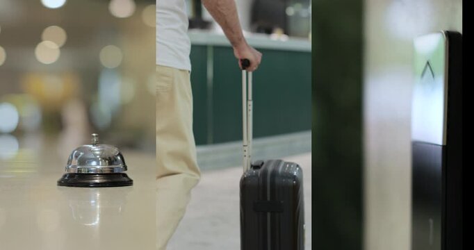 Split screen shot of man hands ringing call bell in hotel, pushing elevator button in hotel. Perfect for travel, vacation, and hospitality.
