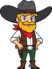 cartoon cowboy character, western outlaw, wild west sheriff, vector illustration, cowboy hat, red bandana, gun holster, yellow beard, green pants, spurs, boots