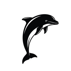 Fototapeta premium A black and white illustration of a dolphin leaping upwards, isolated on a white background.