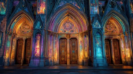 Fototapeta premium Colorful illuminated Gothic cathedral entrance at night