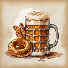 Hand drawn watercolor illustration for oktoberfest with bavarian beer ceramic mug and brezel


